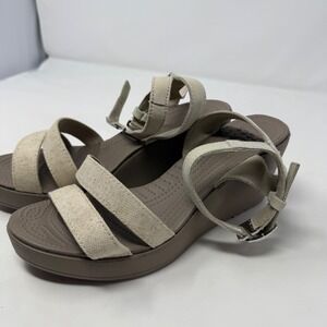 Crocs A-Leigh Linen Wedge Sandals Oatmeal Mushroom Tan 11382 Womens 10
